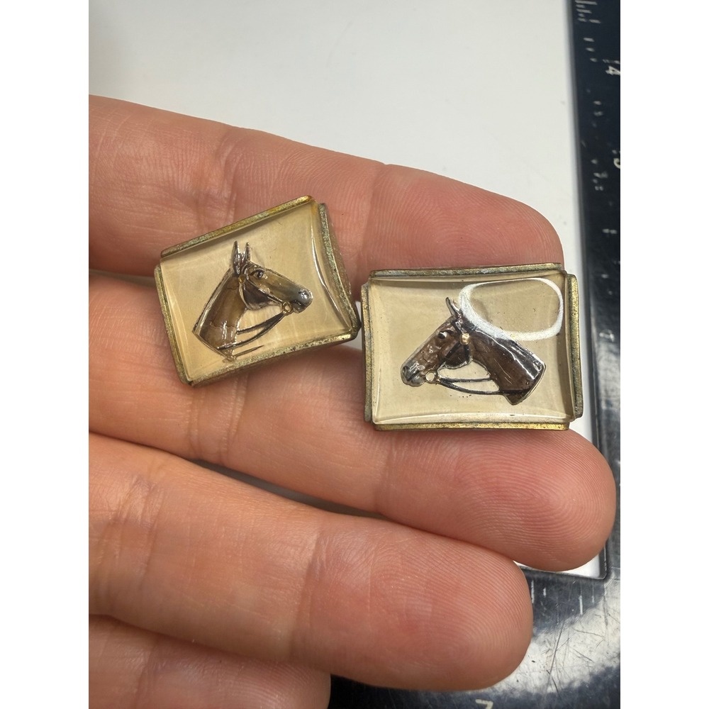 Vintage Intaglio Horse Head Cufflinks Gold Tone Equestrian Jewelry Toggle Back